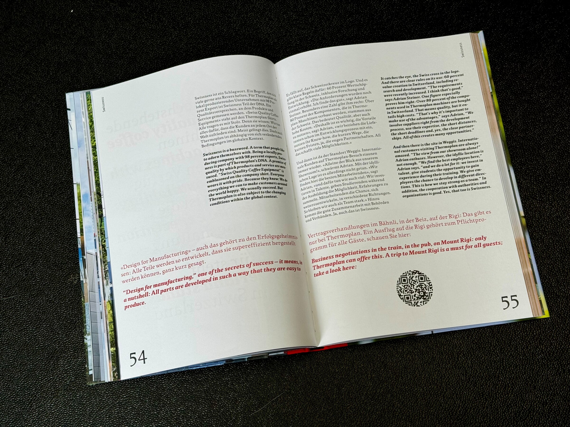 Bild einer Text-Doppelseite aus dem Buch «50 Jahre Thermoplan»; Foto: ich, WTG.